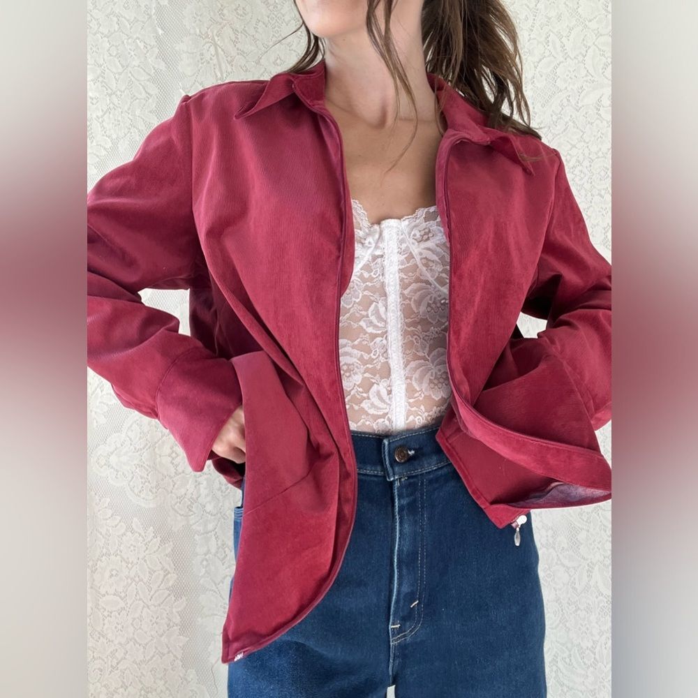 Croft & Barrow Raspberry Red Faux Suede Ribbed Zip-up Lightweight Jacket - Picture 9 of 13